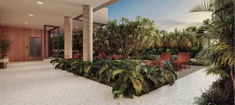 Square garden com paisagismo assinado e espelhos d’água em condomínio residencial no bairro do Itaim Bibi, na Zona Sul de São Paulo