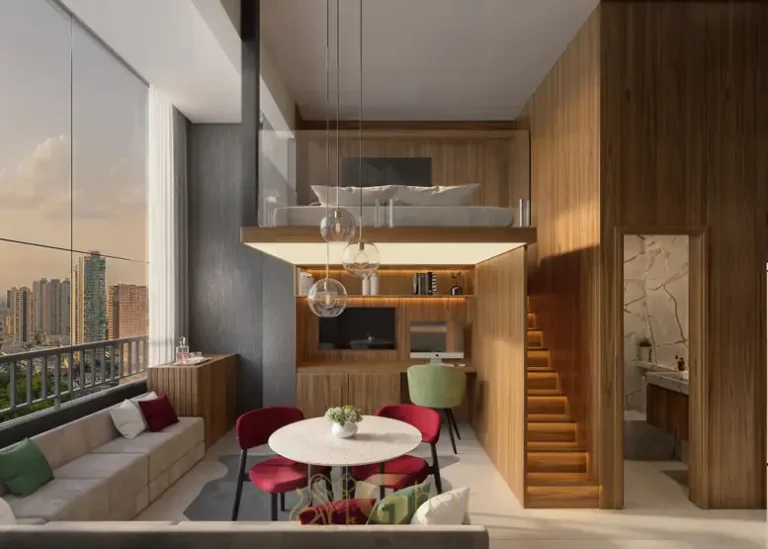 Studio decorado com ambientes integrados em apartamentos no bairro da Consolação, São Paulo