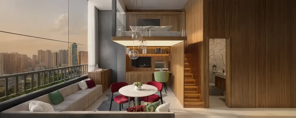 Studio decorado com pé-direito de 3,78 m em condomínio residencial no bairro da Consolação, no Centro de São Paulo