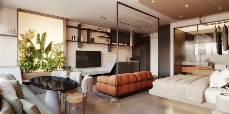 Studio decorado com ambientes integrados em apartamentos no bairro da Bela Vista, São Paulo