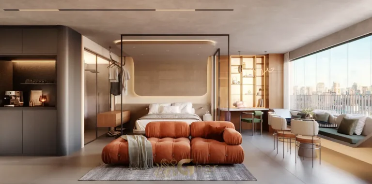 Studio decorado com marcenaria planejada em condomínio residencial no bairro da Bela Vista, no Centro de São Paulo