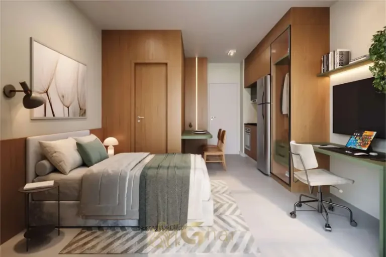 Studio decorado com living integrado em condomínio residencial no bairro da Aclimação, no Centro de São Paulo
