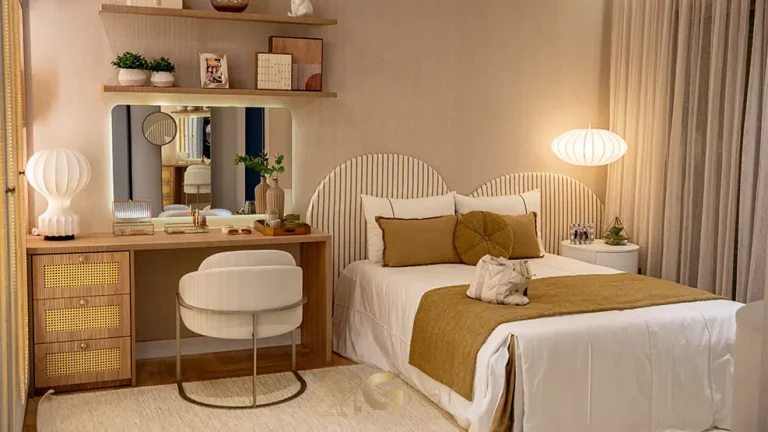 Primeira suíte do apartamento decorado com pé-direito amplo do condomínio Château Jardin Harmonie na Cidade Jardim, São Paulo