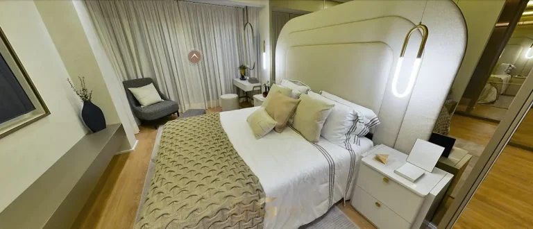 Suíte master do apartamento decorado do condomínio Palace no bairro do Brás, São Paulo