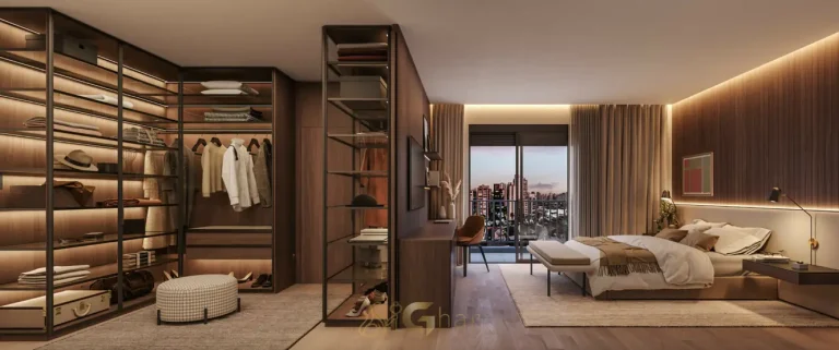 Suíte master do apartamento decorado Essence com closet planejado do condomínio Baume Itaim no bairro do Itaim Bibi, São Paulo