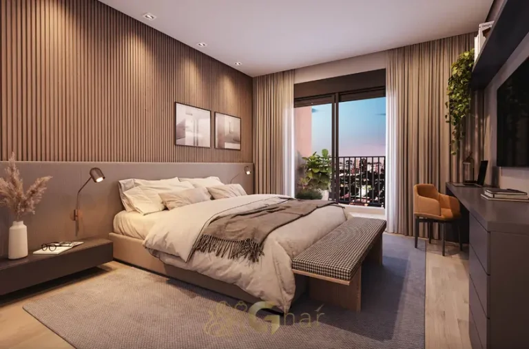 Suíte master com varanda do apartamento decorado Harmonie em condomínio residencial no bairro do Itaim Bibi, na Zona Sul de São Paulo