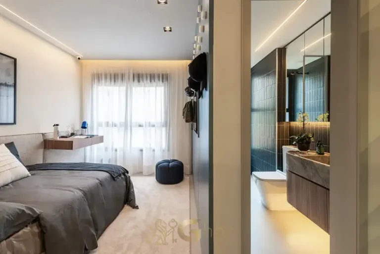 Suíte do apartamento decorado do condomínio Moma Moema no bairro de Moema, São Paulo