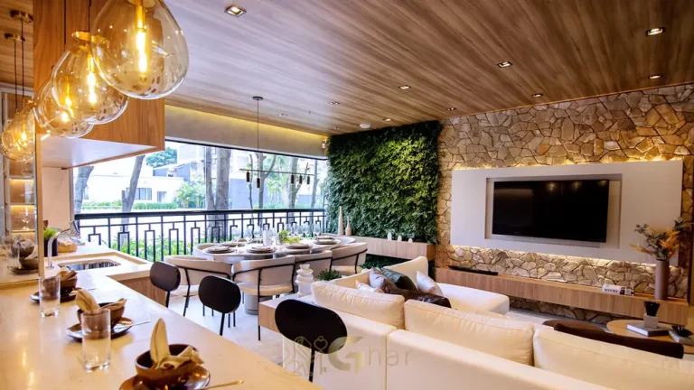Terraço nivelado ao piso da sala do apartamento decorado em apartamentos no bairro do Brooklin, São Paulo