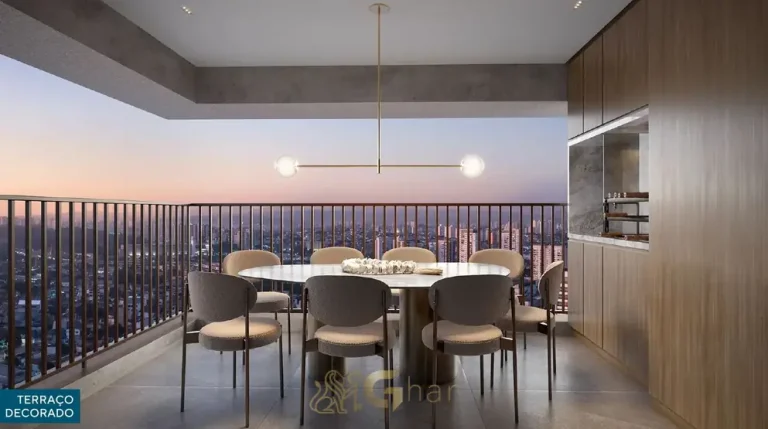 Terraço gourmet com churrasqueira do apartamento decorado do condomínio Nova Vivere Caminhos da Lapa no bairro da Lapa, São Paulo
