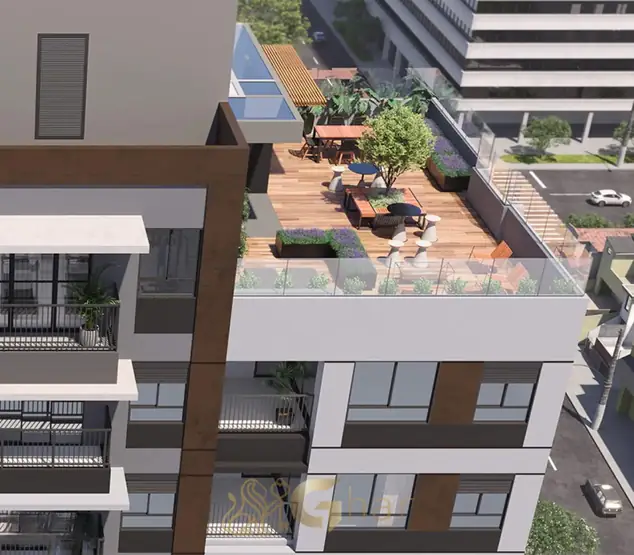 Terraço lounge do rooftop em apartamentos em Pinheiros, São Paulo