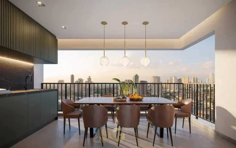 Terraço gourmet do apartamento decorado em condomínio residencial no bairro do Alto da Lapa, na Zona Oeste de São Paulo