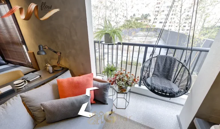 Varanda decorada em condomínio residencial em Perdizes, na Zona Oeste de São Paulo