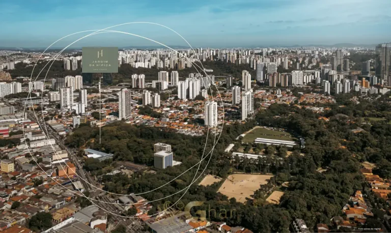 Vista aérea do condomínio Jardim da Hípica Residences no bairro do Alto da Boa Vista, São Paulo