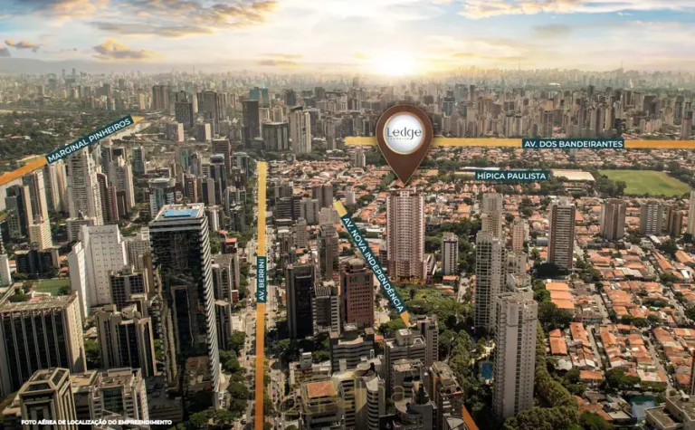 Vista aérea do bairro do Brooklin com localização do condomínio Ledge Brooklin Studios em São Paulo