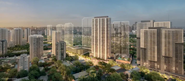 Vista aérea do bairro da Lapa com localização do empreendimento em condomínio residencial na Lapa, na Zona Oeste de São Paulo