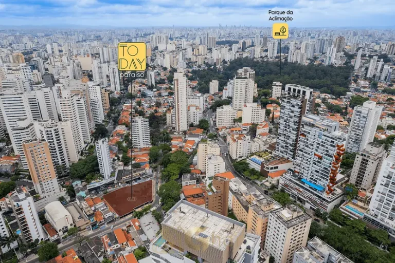 Vista aérea panorâmica do condomínio Today Paraíso no bairro do Paraíso em São Paulo