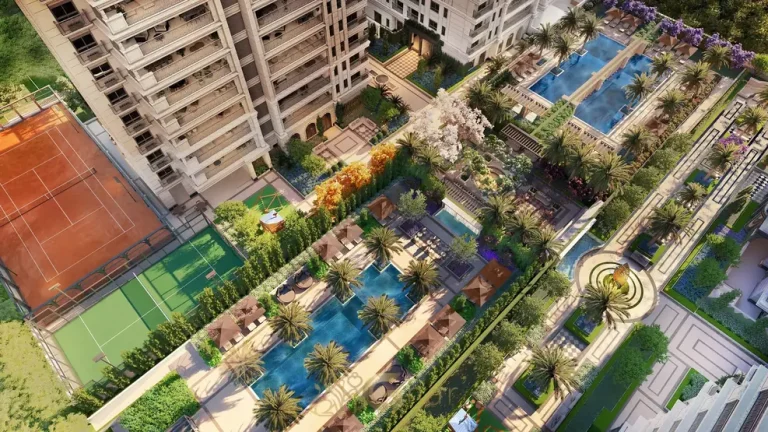 Vista aérea do complexo de lazer do condomínio Château Jardin Harmonie na Cidade Jardim, São Paulo