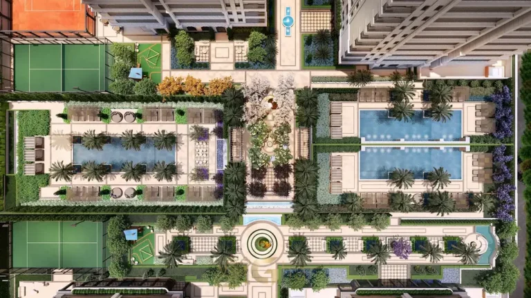 Vista aérea do lazer e dos jardins em condomínio residencial na Cidade Jardim, na Zona Sul de São Paulo