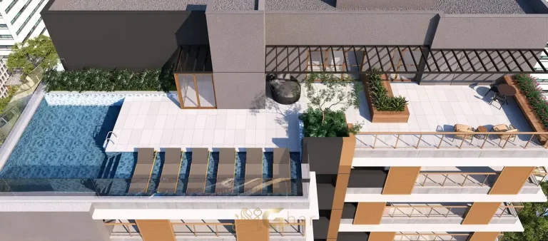 Vista aérea do rooftop com piscina em condomínio residencial no Paraíso, na Zona Sul de São Paulo