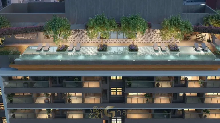 Vista aérea do rooftop com piscina e lazer em apartamentos em Higienópolis, São Paulo