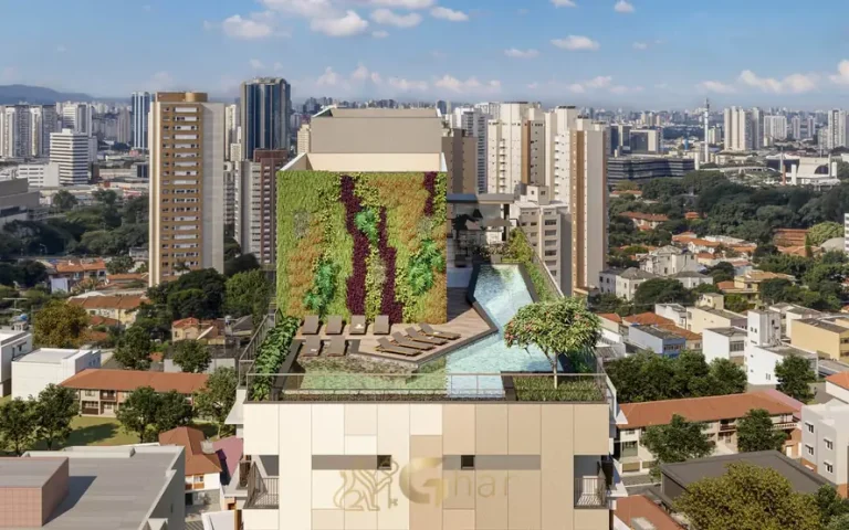 Vista aérea do rooftop com piscina e lazer em condomínio residencial em Perdizes, na Zona Oeste de São Paulo