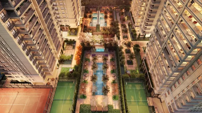 Vista de drone do complexo de lazer e paisagismo do condomínio Château Jardin Lumière na Cidade Jardim, São Paulo