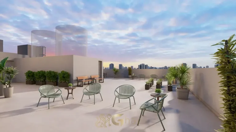 Área de convivência do rooftop do condomínio Metrocasa Clube Ipiranga no bairro do Ipiranga, São Paulo