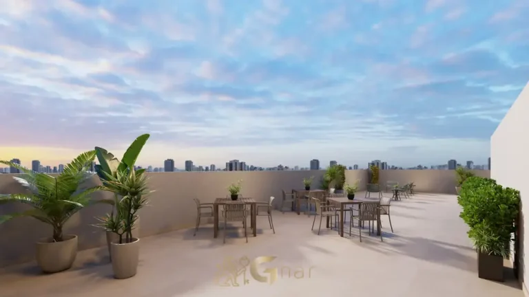 Espaço de convivência coberto do rooftop em condomínio residencial no bairro do Ipiranga, na Zona Sul de São Paulo