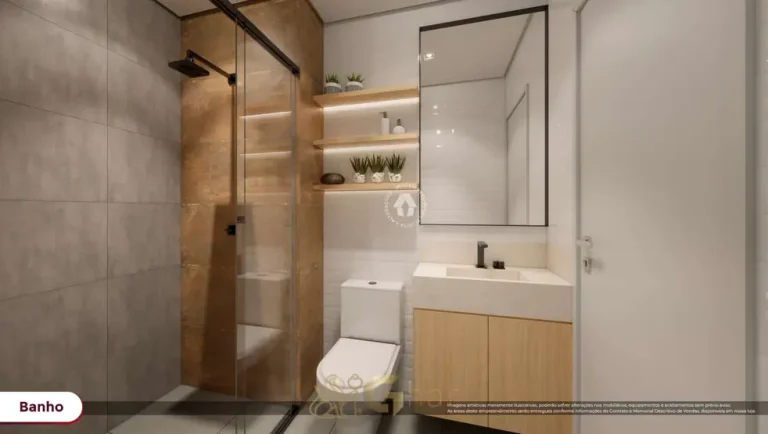 Banheiro suíte do apartamento decorado com office em condomínio residencial no bairro da Vila Guilhermina, na Zona Leste de São Paulo