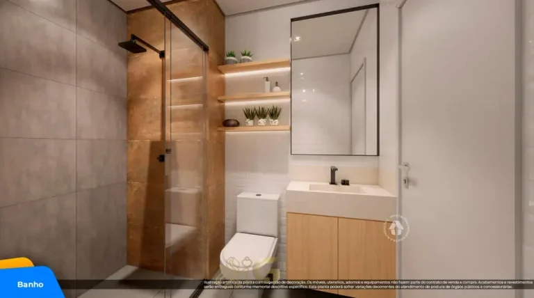 Banheiro do apartamento decorado do condomínio Metrocasa Vista Cupecê no bairro da Cidade Ademar, São Paulo