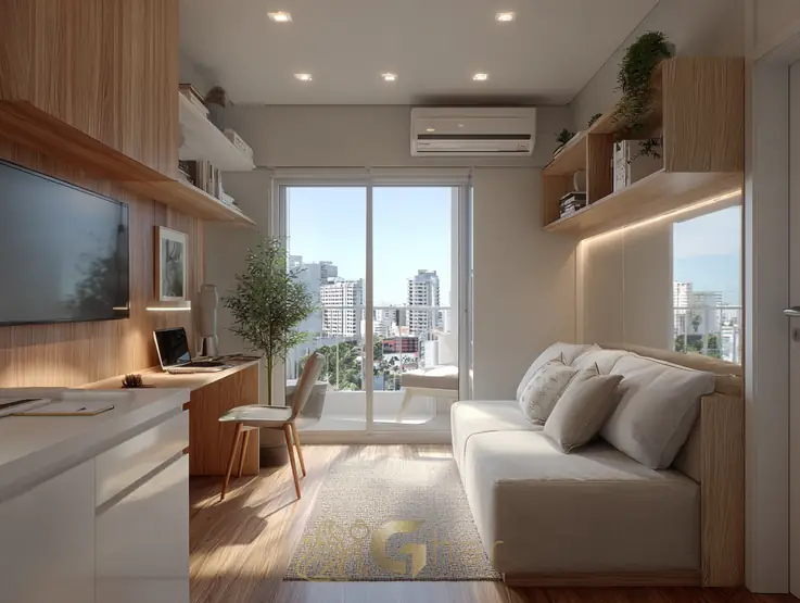 interior decorado de um studio compacto, opção comum para o primeiro imóvel relacionado ao uso do FGTS na compra do imóvel em São Paulo