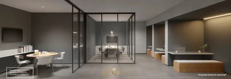 Coworking com estações de trabalho em condomínio residencial no bairro do Ibirapuera, na Zona Sul de São Paulo