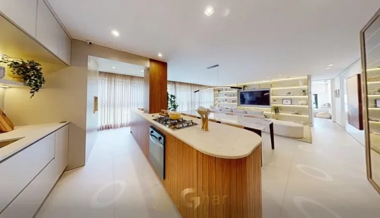Cozinha aberta integrada à sala do condomínio Marquise Vila Mariana no bairro da Vila Mariana, São Paulo