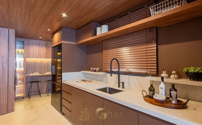 Cozinha com bancada do apartamento decorado em apartamentos no bairro do Brooklin, São Paulo
