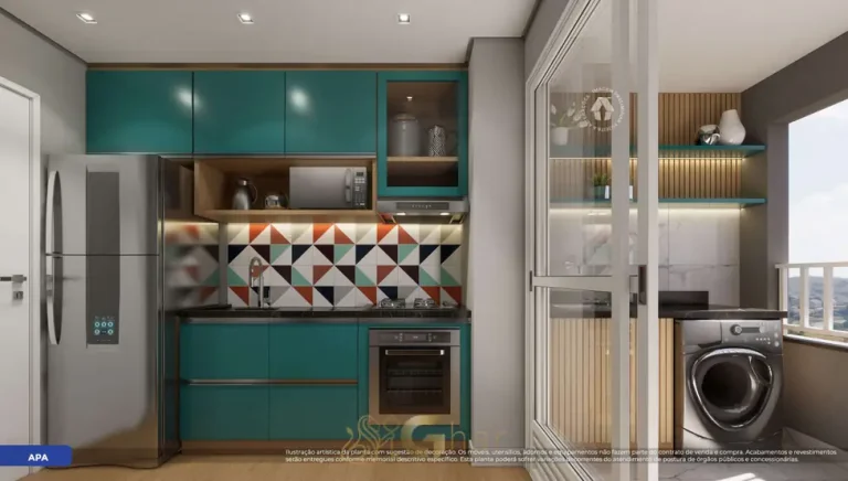 Cozinha planejada do apartamento decorado do condomínio Metrocasa Jaçanã II no bairro do Jaçanã, São Paulo