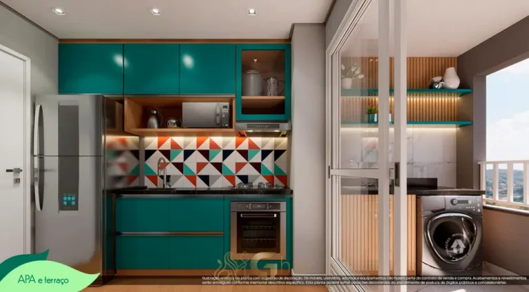Cozinha integrada do apartamento decorado 2 dormitórios em condomínio residencial no bairro do Cursino, na Zona Sul de São Paulo