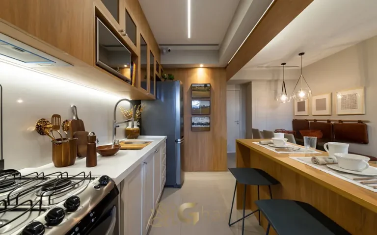 Cozinha do apartamento decorado de 3 dormitórios do condomínio Modo Ipiranga no bairro do Ipiranga, São Paulo