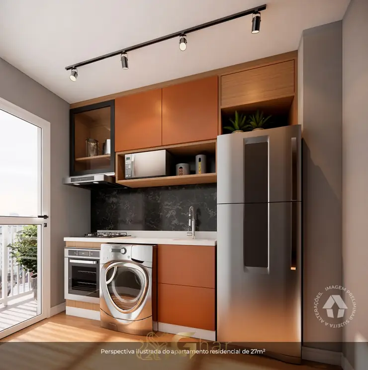 Cozinha do apartamento com office decorado do condomínio Metrocasa Alto da Boa Vista no bairro do Alto da Boa Vista, São Paulo