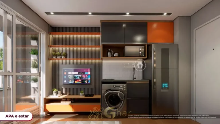 Cozinha do apartamento decorado de 1 dormitório em condomínio residencial no bairro da Vila Guilhermina, na Zona Leste de São Paulo