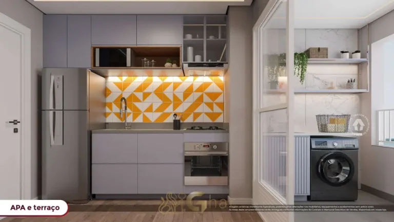 Cozinha integrada do apartamento decorado de 2 dormitórios do condomínio Metrocasa Guilhermina Esperança no bairro da Vila Guilhermina, São Paulo