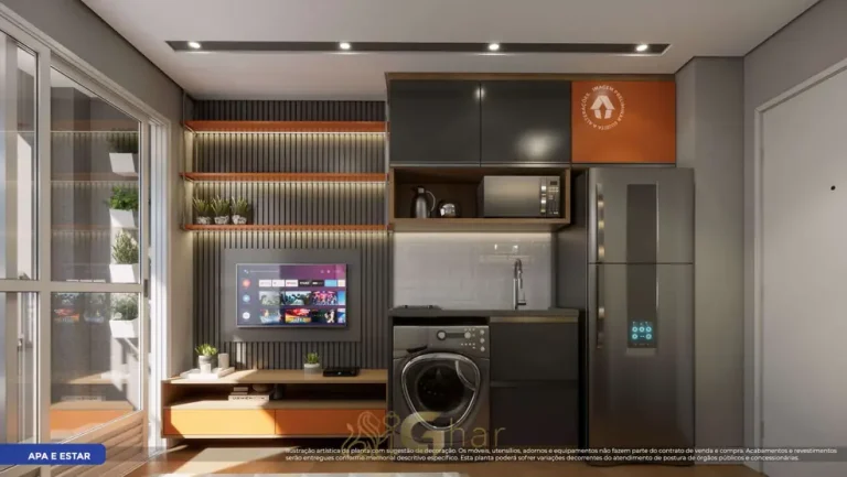Cozinha americana do apartamento decorado do condomínio Metrocasa Jaçanã II no bairro do Jaçanã, São Paulo