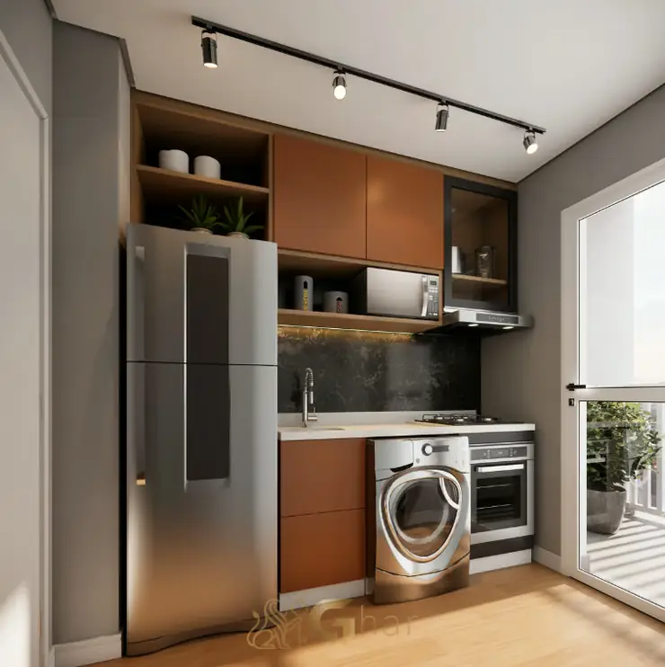 A cozinha do apartamento decorado do condomínio Metrocasa Oratório no bairro da Vila Prudente, São Paulo