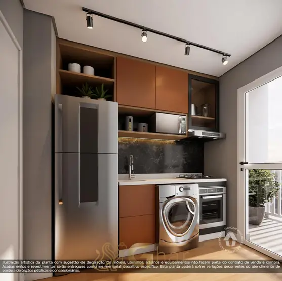 Cozinha do apartamento decorado do condomínio Metrocasa Parque Ecológico no bairro do Cangaíba, São Paulo