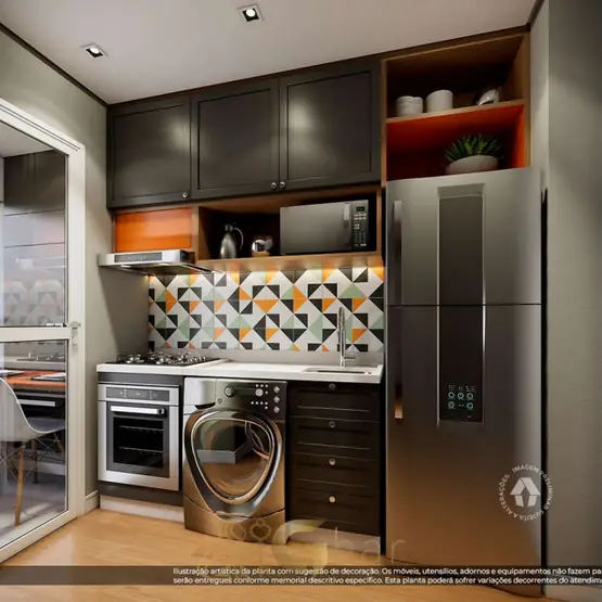 Cozinha do apartamento decorado em condomínio residencial no bairro do Tucuruvi, na Zona Norte de São Paulo