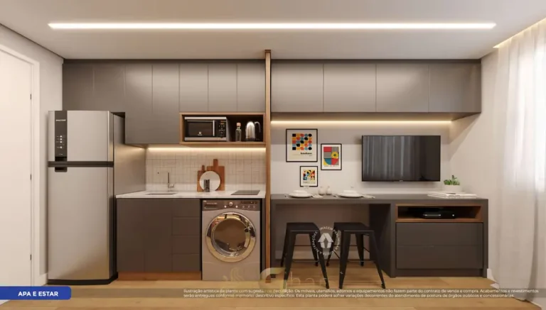 Cozinha integrada do studio decorado em apartamentos no bairro do Jaçanã, São Paulo