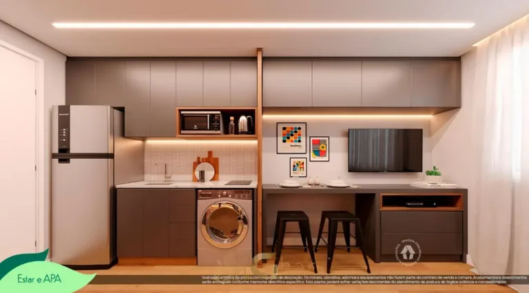 Cozinha do studio decorado em condomínio residencial no bairro do Cursino, na Zona Sul de São Paulo