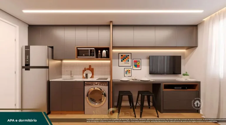 Cozinha do studio decorado em apartamentos no bairro do Morumbi, São Paulo