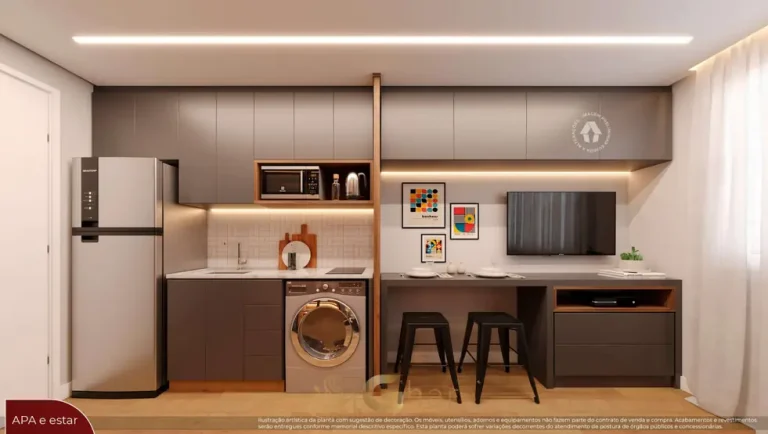 Cozinha do studio decorado em condomínio residencial no bairro de Santo Amaro, na Zona Sul de São Paulo