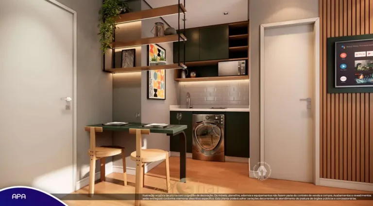 Cozinha do studio decorado em condomínio residencial no bairro do Tucuruvi, na Zona Norte de São Paulo