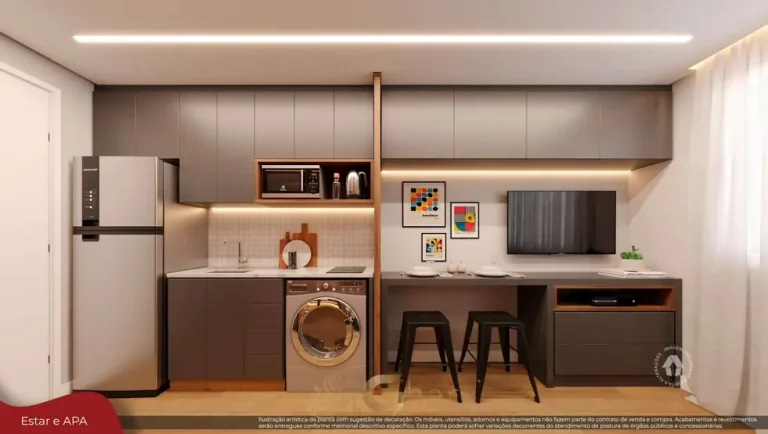 Cozinha do studio decorado em apartamentos no bairro da Vila Ré, São Paulo